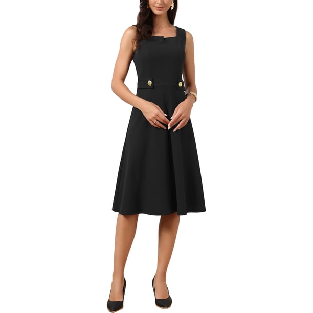 INSPIRE CHIC Vestido Vintage de Trabajo para Mujeres Línea A Cuello Cuadrado Sin Mangas Oficina Formal Vestidos de Noche Midi XS Negro