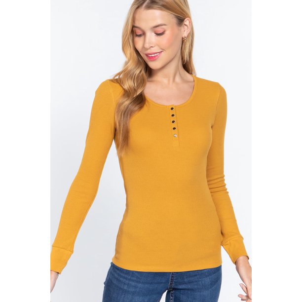 Saronite Top Térmico Básico de Punto Acanalado con Cuello Redondo y Manga Larga, Color Mostaza Intenso (para Mujer)