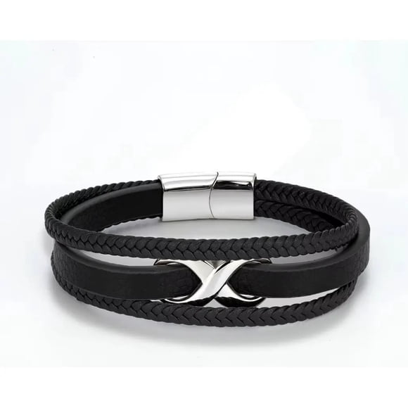 Pulsera de Cuero Infinito Black Silver Hombre Caballeros m1
