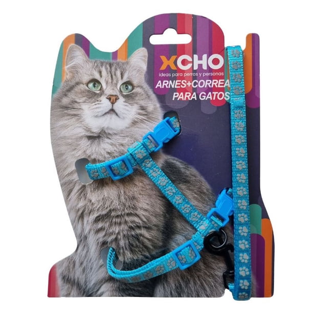 Arnes Pechera Gatos de nailon ajustable + correa Celeste