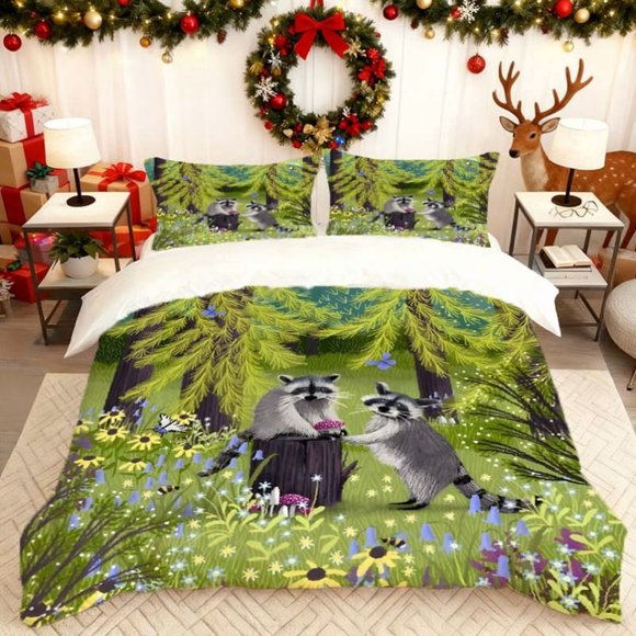 Featuring Forest Raccoon Illustrations a Printed Duvet Cover Set This Themed Bedding Includes a Duvet Cover And Two Pillowcases Made from Soft And Comfortable M