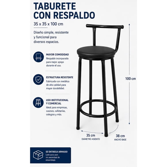 Taburete Alto Industrial con Respaldo, color Negro