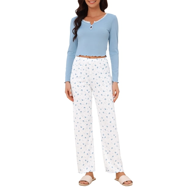 INSPIRE CHIC Conjuntos de Pijama de 2 Piezas para Mujer con Encaje, Tops de Manga Larga, Pantalones Casuales con Estampado de Corona, Ropa de Dormir Acanalada M azul