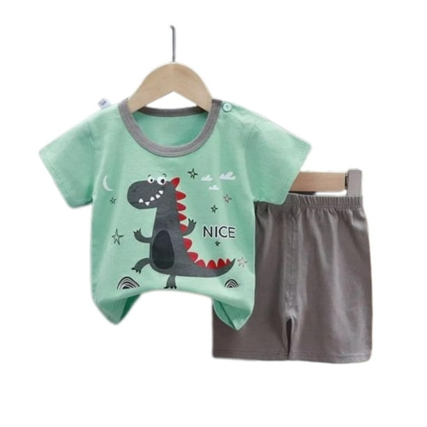 Pijama Niño Algodon Manga Corta Short Dino Gris celeste 48