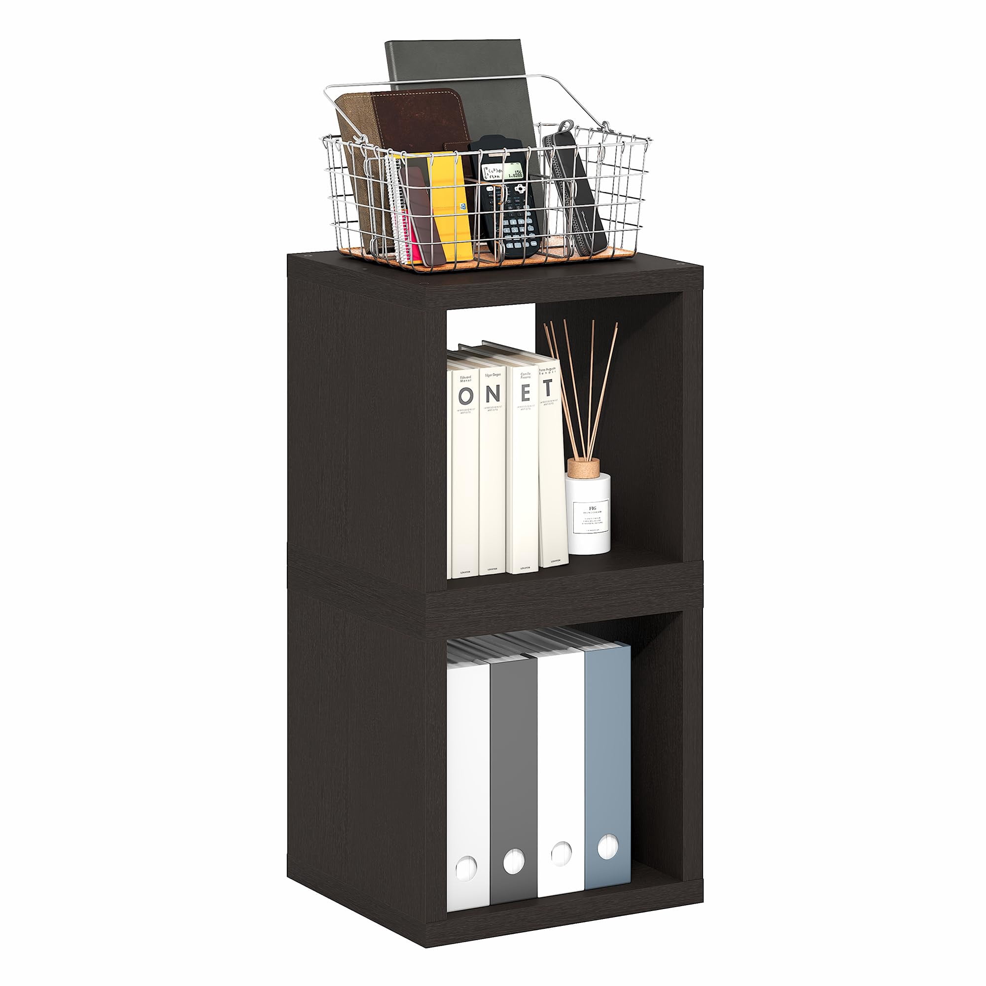 Estantería Para Libros Furinno, Juego De 2 Cubículos Apilables De Roble Negro Oscuro