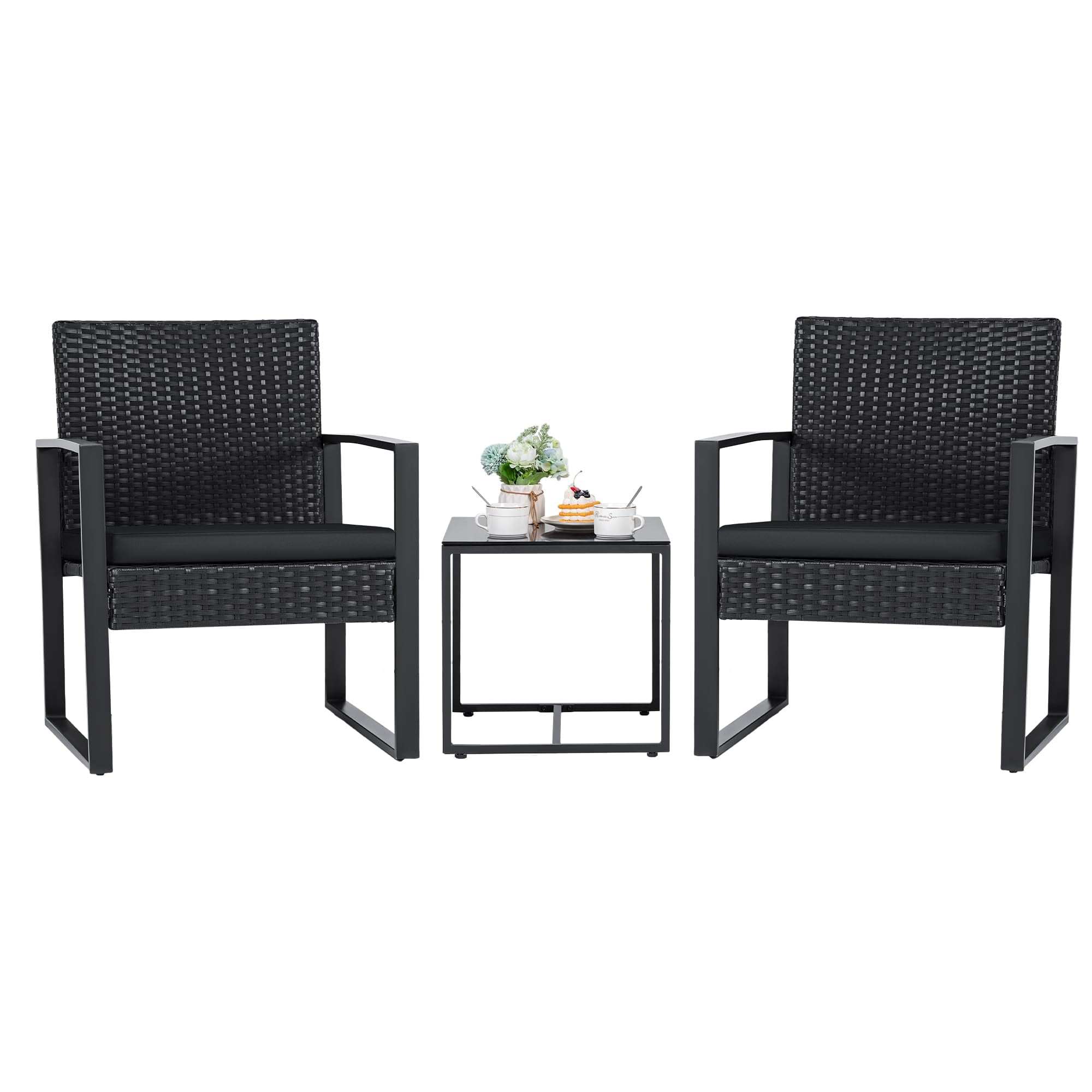 Conjunto De Muebles Para Patio Exterior Flamaker De 3 Piezas En Ratán Sintético Negro