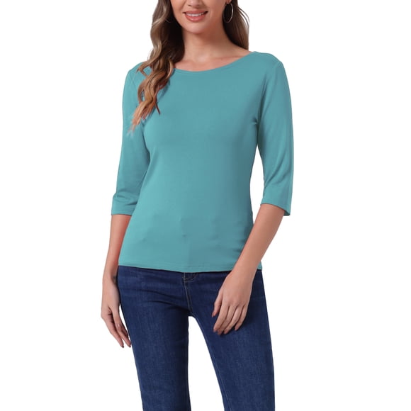INSPIRE CHIC Camisetas de Mujer Mangas al Codo Cuello de Barco Ajuste Ceñido Camisetas Casual Verde Mar L