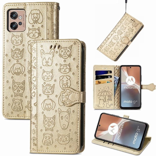 Funda Cartera FOXDOCK para MOTO G32 , Flip PU con Relieve de Gatos y Perros, Tarjetero y Soporte