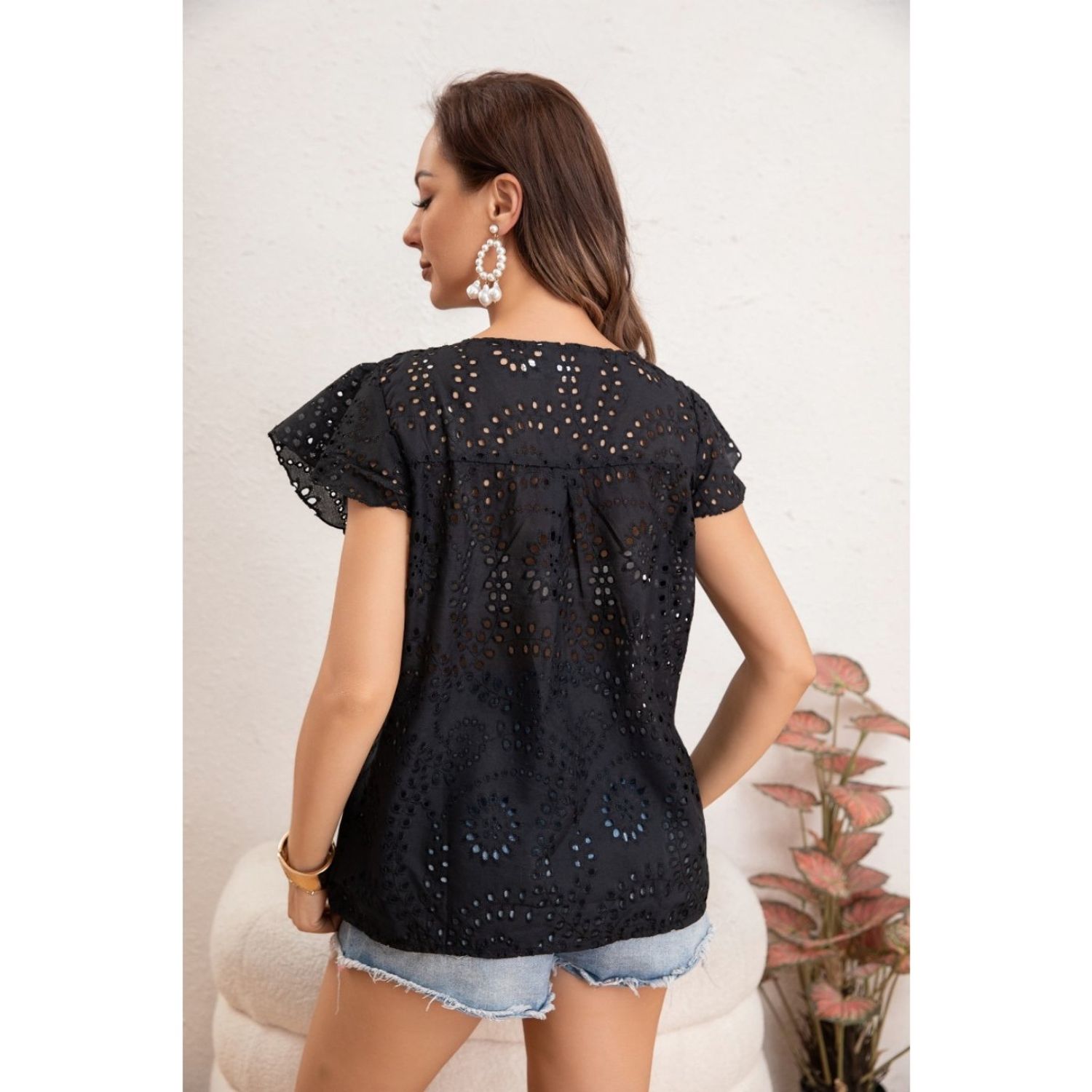 Likeshop - Blusa Polera Mujer Manga Corta Tipo Broderi Tendencia Cuello V 0047