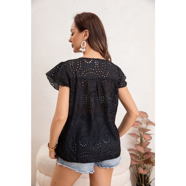Blusa Polera Mujer Manga Corta Tipo Broderi Tendencia cuello V 0047