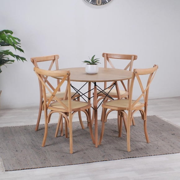 Comedor Redondo Shanna 100cm + 4 Sillas Crossback | Madera Ratán cafe