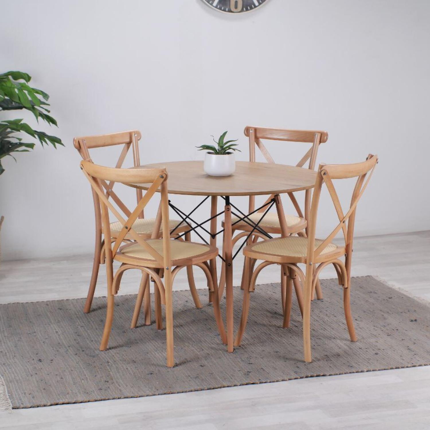 Pandalino - Comedor Redondo Shanna 100cm + 4 Sillas Crossback | Madera Ratán Cafe