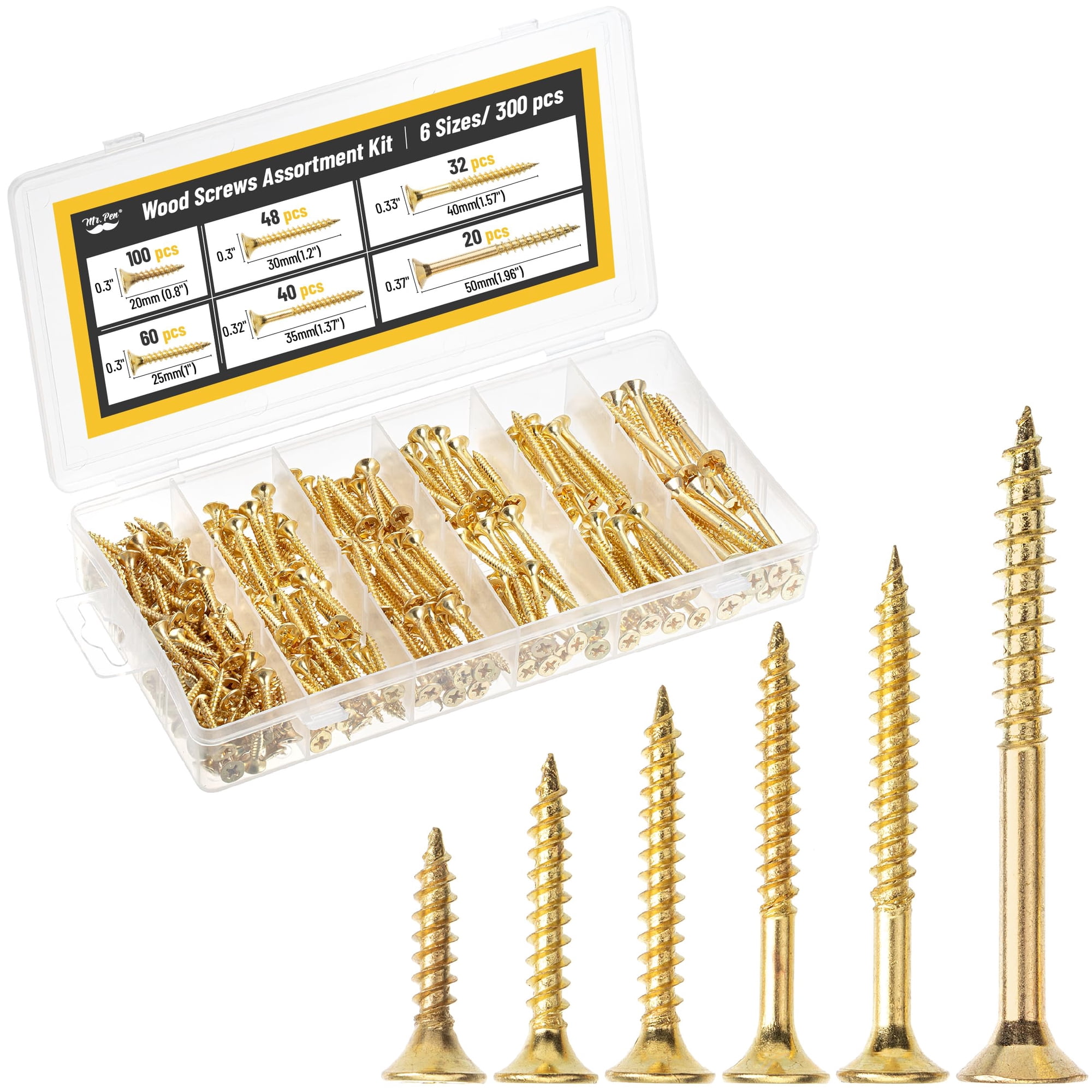 Kit Surtido De Tornillos Para Madera Mr. Pen, 300 Unidades, 6 Tamaños Con Caja