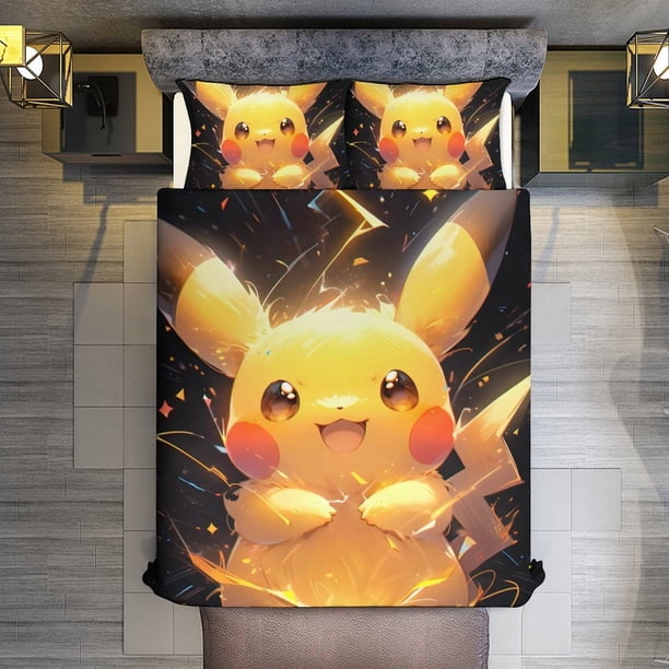 Pikachu 3 Piece Sets Full/Queen Size - Reversible Microfiber Quilts with Shams Soft Lightweight Bedspread Coverlet Comforter for All Season Bed Sheets