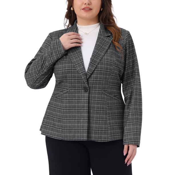 Agnes Orinda Blazers de Talla Grande para Mujeres Casual de Negocios Cuadros Solapa con Muesca Manga Larga Chaqueta con Botones y Bolsillos 1X Gris