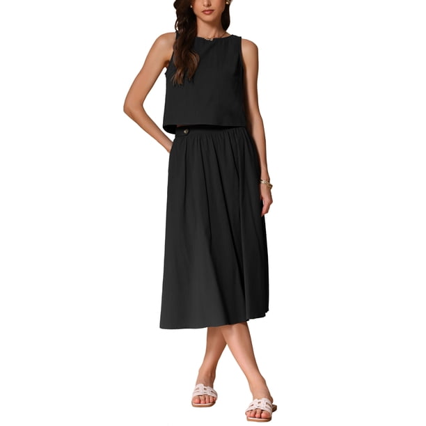 INSPIRE CHIC Conjunto de 2 Piezas para Mujer Falda Conjuntos de Regreso a Clases Top Corto sin Mangas Falda Midi Línea A Conjuntos de Verano Casual Negro L