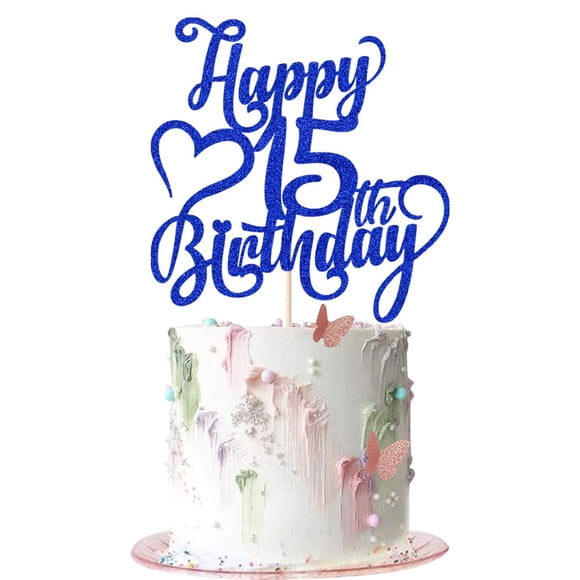 Decoración para tartas AROKIPPRY con purpurina azul oscuro, feliz 15 cumpleaños