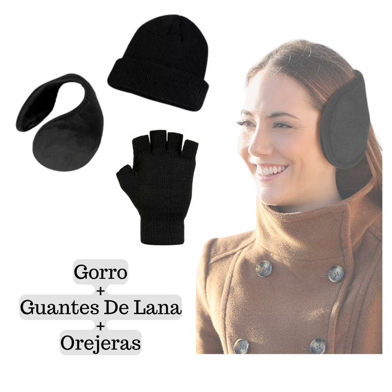Genérico - Set Invierno Gorro Beanie + Guantes De Lana Sin Dedos + Orejera Polar