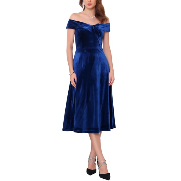 INSPIRE CHIC Vestido de Terciopelo para Mujer Fuera del Hombro Vintage Cóctel de Noche Vestidos Línea A XL Azul Real