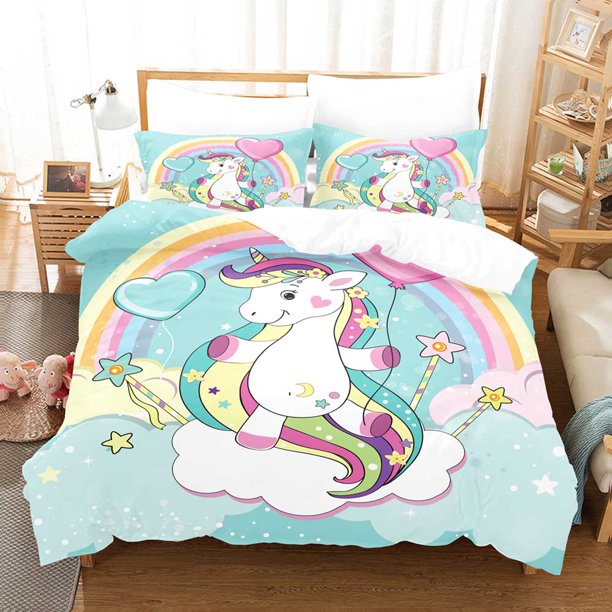 Unicorn Bedding Set,Kids Cartoon Unicorn Pattern Duvet Cover,Pink Unicorn Duvet Cover with Ruffle Closure for Boys Girls Bed Sheets