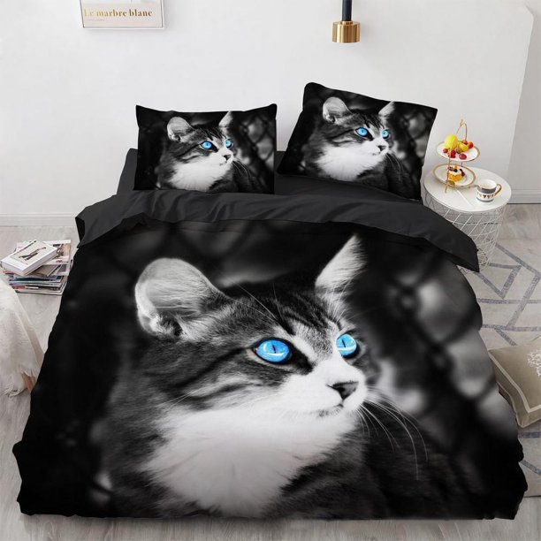 Cute White Cat Kitty Kitten Animal Print Quilt Duvet Cover Set Doona Cover3-Piece Bedding Set