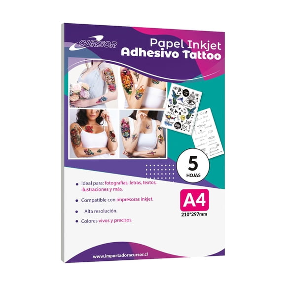 PAPEL TATUAJE TEMPORAL TRANSPARENTE INKJET 5 HOJAS A4 CURSOR blanco A4