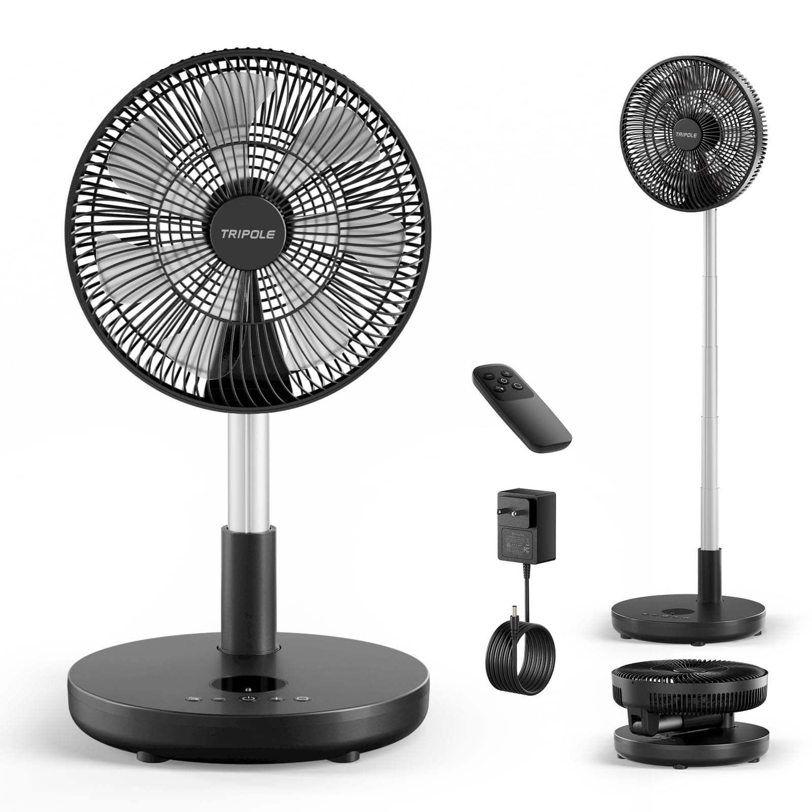 Tripole - Ventilador De Pedestal, Plegable, De Pie, 12 Pulgadas, Con Mando A Distancia, Color Negro