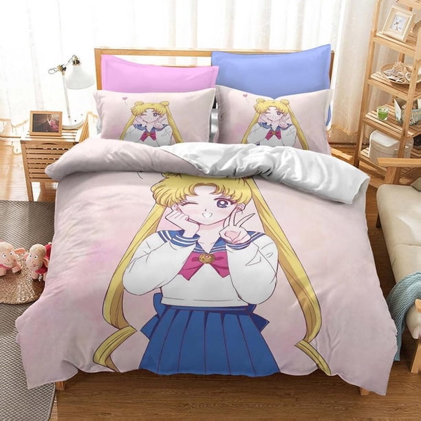 Sailor Moon Cartoon Girls Quilt Duvet Cover Set Comforter Cover Bedding3-Piece Bedding Set
