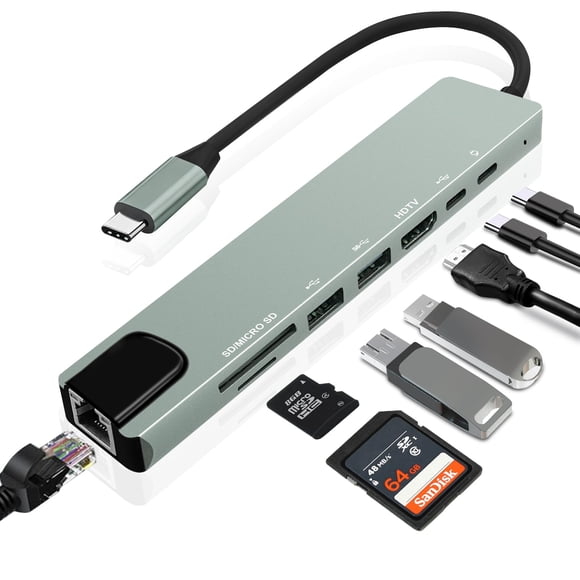 Hub USB-C Vrebrey 8 en 1 con HDMI 4K, PD de 85 W, USB-A y USB-C