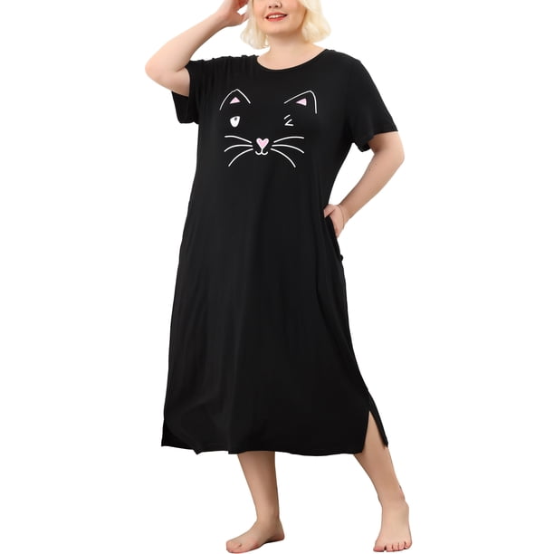 Agnes Orinda Ropa de Dormir para Mujer Tallas Grandes Camisón Cuello Redondo Mangas Cortas Vestido para Dormir Estampado de Gatos Pijamas para Casa con Bolsillo 2X Negro