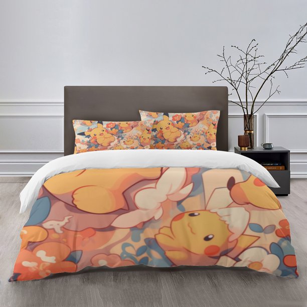 poke-mon Bedding Sets Bed Cartoon Duvet Cover Lightweight 3 Piece Bet Sets for Kids Boys Girls