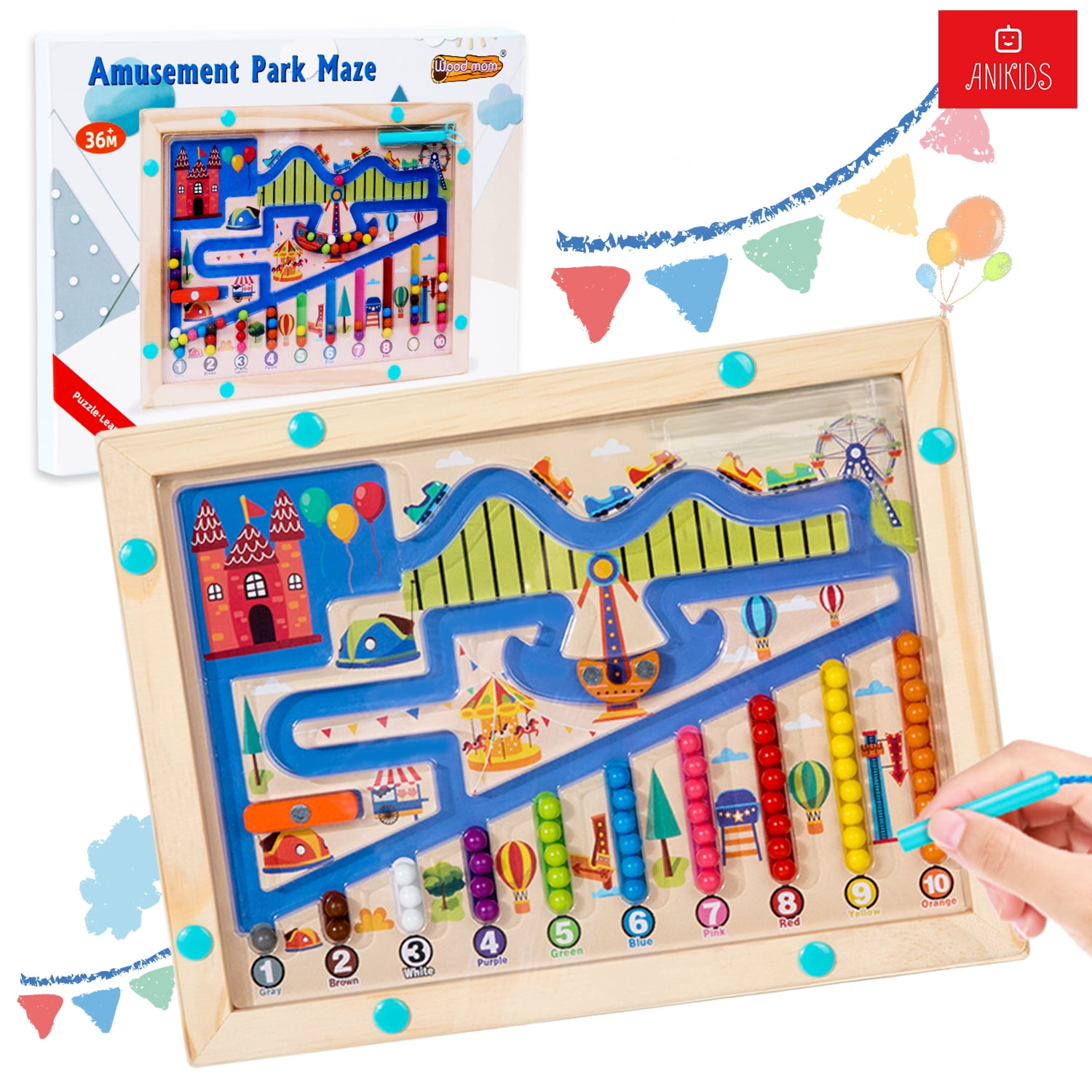 Anikids - Juguete Montessori Madera Laberinto Magnético Niños Niñas Madera