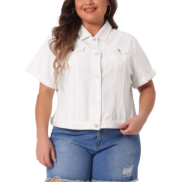 Agnes Orinda Chaqueta de Mezclilla Blanca de Manga Corta con Botones para Mujer de Talla Grande para Escuela, Universidad y Trabajo 6X