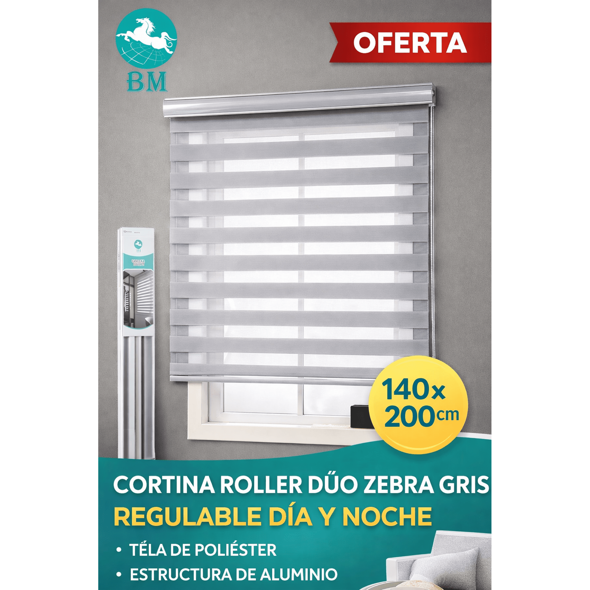Baima - Cortina Roller Dúo Zebra Gris 140x200 Cm Regulable Día Y Noche