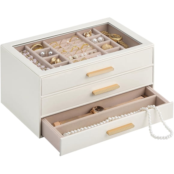 Caja de Joyas Lolalet Organizador de 3 Niveles con Tapa de Vidrio