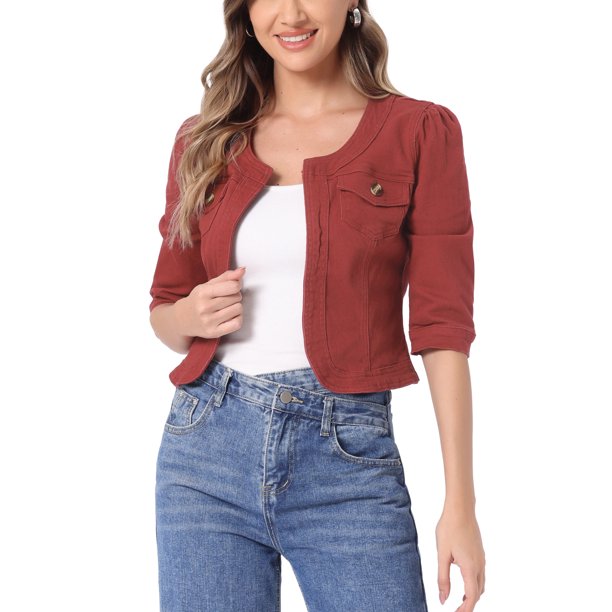 INSPIRE CHIC Chaquetas de Jean de Mezclilla Recortadas sin Cuello de Manga 3/4 para Mujer Marrón Rojizo S