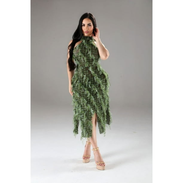 Vestido Con Cuello Halter Volantes Cordones Y Espalda Abierta Con Abertura Frontal Verde (para Mujer)