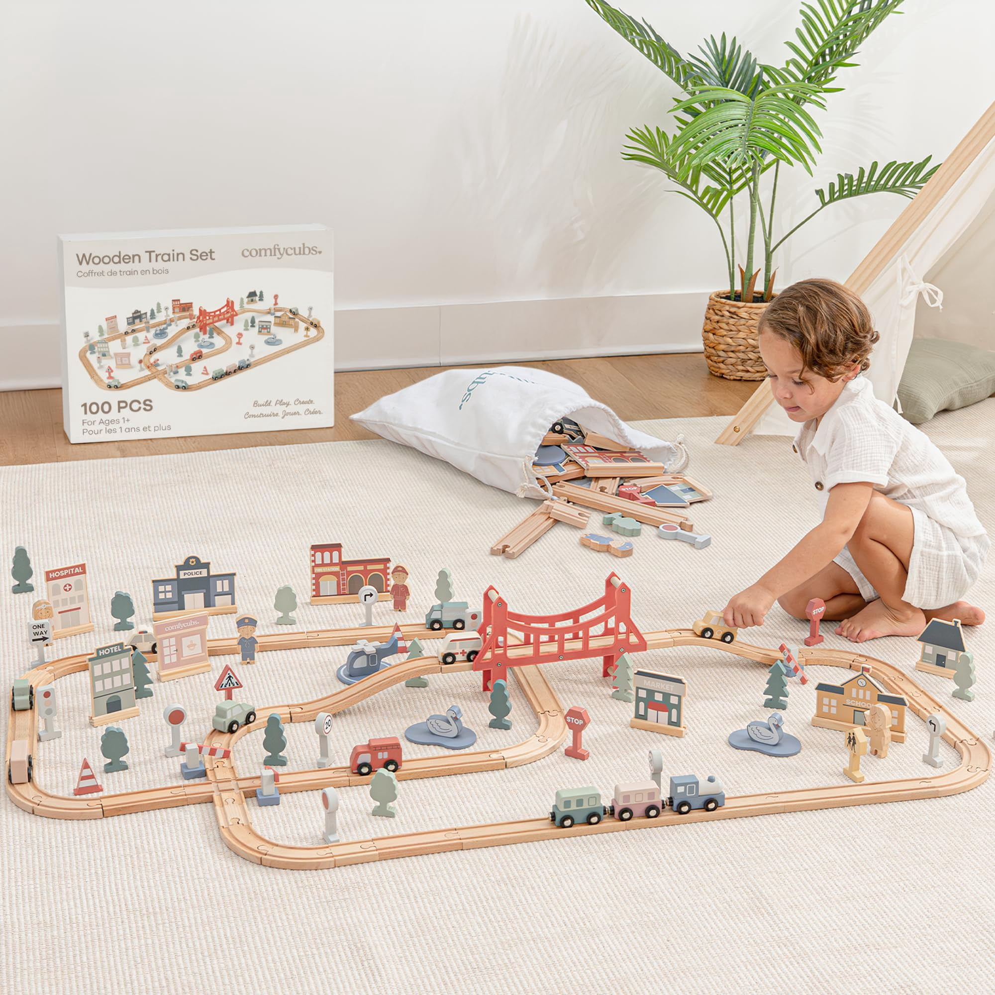 Set De Tren Comfy Cubs De Madera, 100 Piezas, Para Niños Pequeños De 1 Año O Más