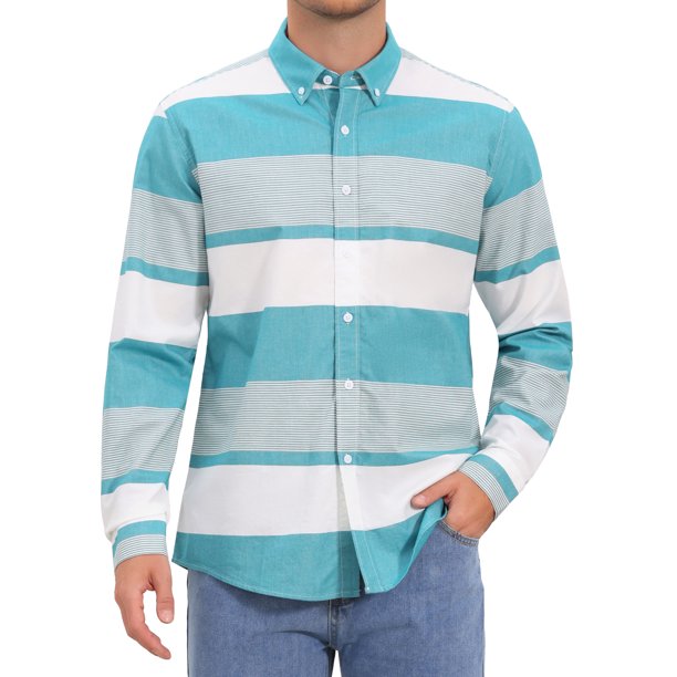 Camisas de Hombre a Rayas de Manga Larga con Botones Camisa Casual de Algodón XL Azul Claro