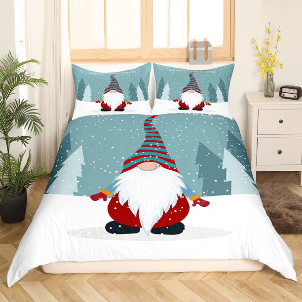 Xmas Bedding Sets Scandinavian Christmas Santa Gnomes Comforter Cover Snowing Santa Claus Bedding Sets for Kids Boys Girls Romantic Candlelight Quilt Cover 3 Pieces Queen Size