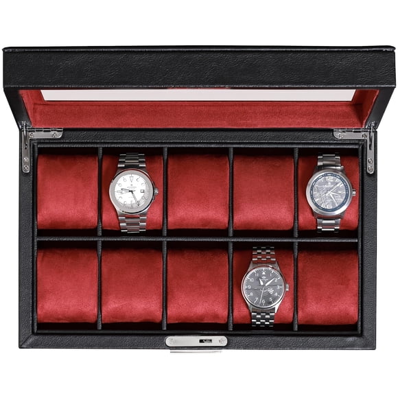 Caja de Relojes ROTHWELL de Cuero Negro/Rojo – 10 Ranuras