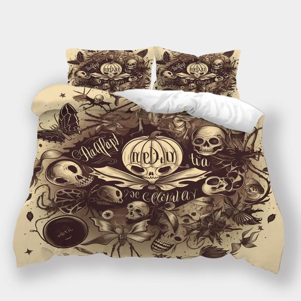 Halloween Style Skull Pumpkin Print30 Quilt Duvet Cover Set Queen Doona Cover3-Piece Bedding Set