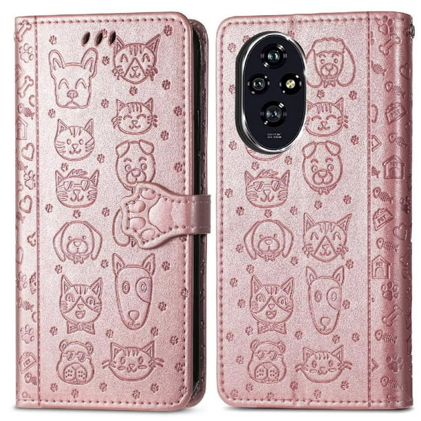 Funda Cartera FOXDOCK para Honor 200 Pro , Flip PU con Relieve de Gatos y Perros, Tarjetero y Soporte