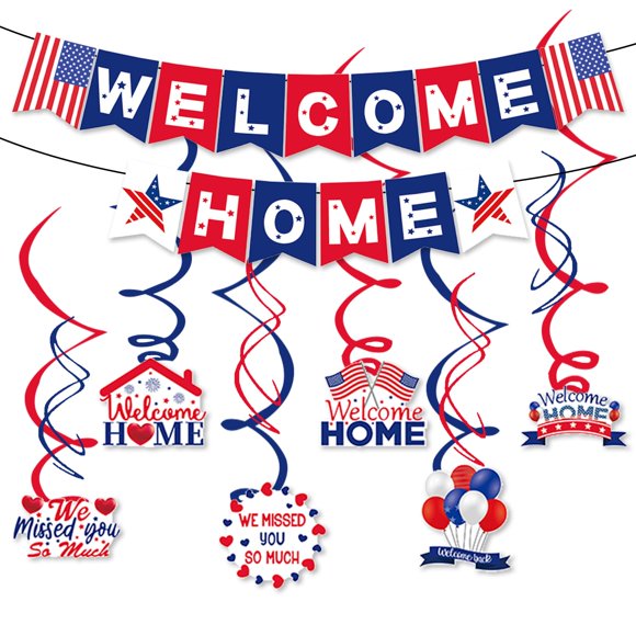Bandera de papel "Welcome Home" en rojo, blanco y azul - rujor