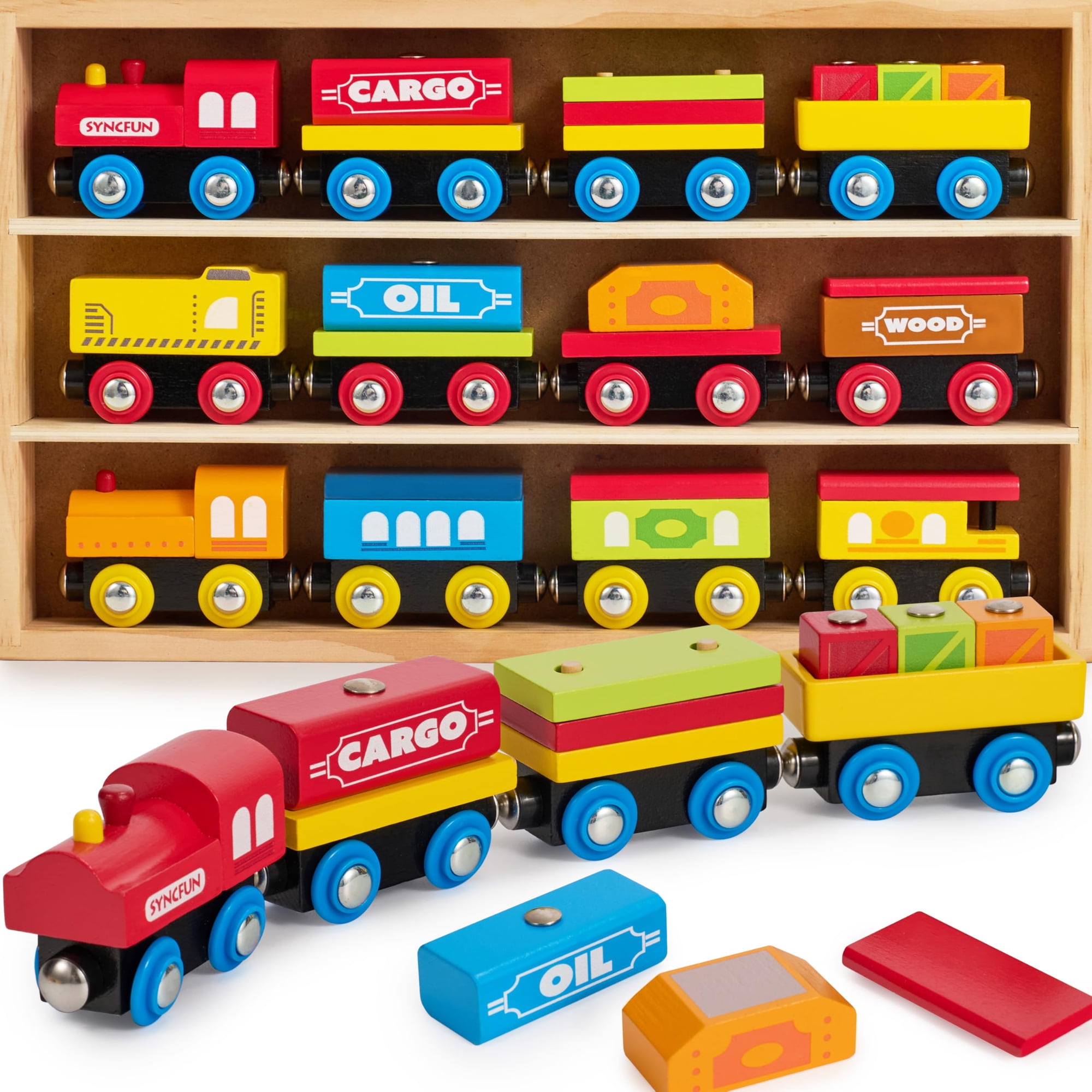Syncfun - Juego De Juguetes De Tren De Madera Montessori Con 12 Coches Magnéticos Para Niños De 2 A 8 Años