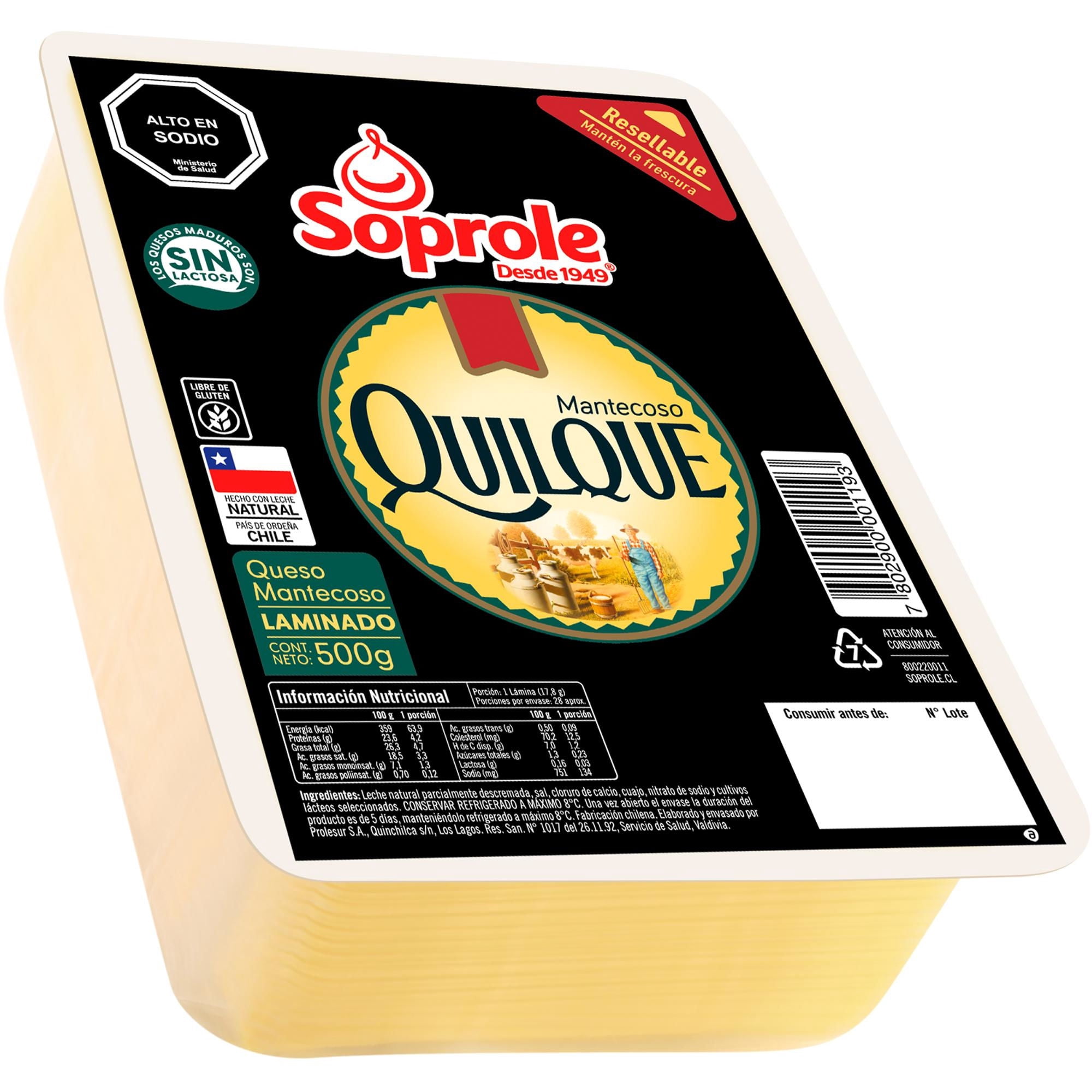 Queso Mantecoso Quilque Laminado Resellable 500 g Soprole