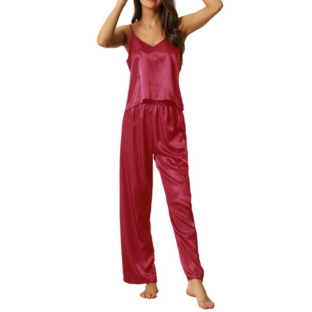 INSPIRE CHIC Conjunto de Pijamas para Mujeres de Color Sólido 3 Piezas Camiseta de Tirantes Pantalones Cortos Pantalones Señoras XS Rojo