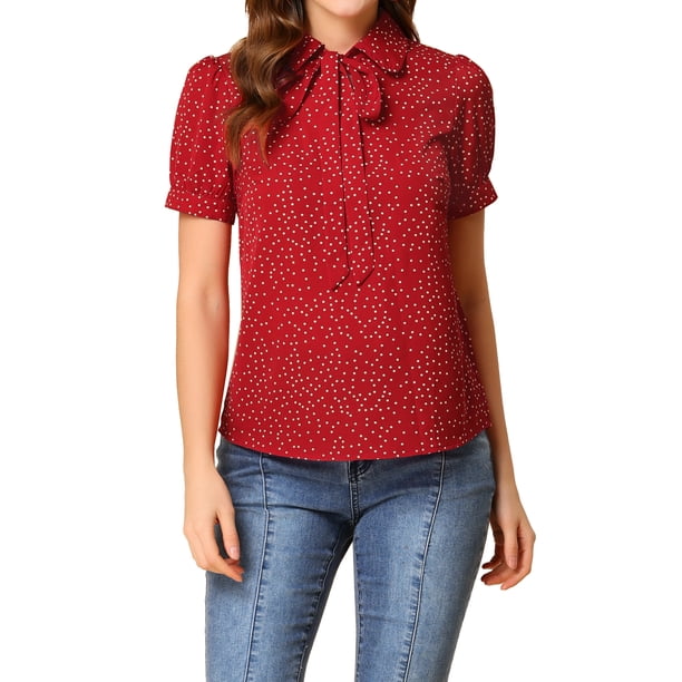 INSPIRE CHIC Blusa de Chifón con Estampado Retro de Mujer, Manga Corta, Lazo y Cuello Peter Pan XS Rojo-Puntos