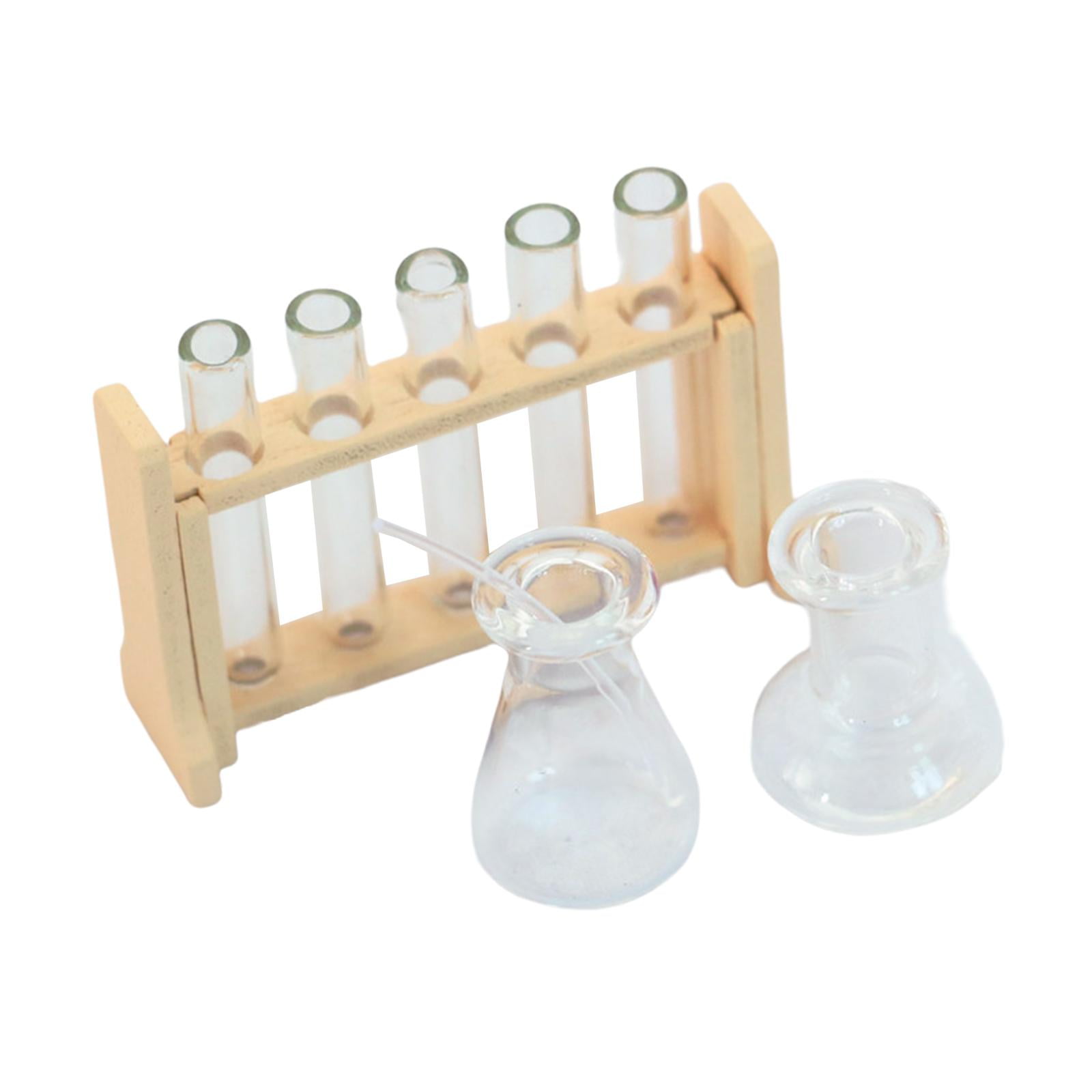 Magideal - Juego De Tubos De Ensayo De Casa De Muñecas Científica 1:12, Tubos De Ensayo De Vidrio Transparente Con Soporte De Madera, Accesorio De Adorno Modelo, Beige