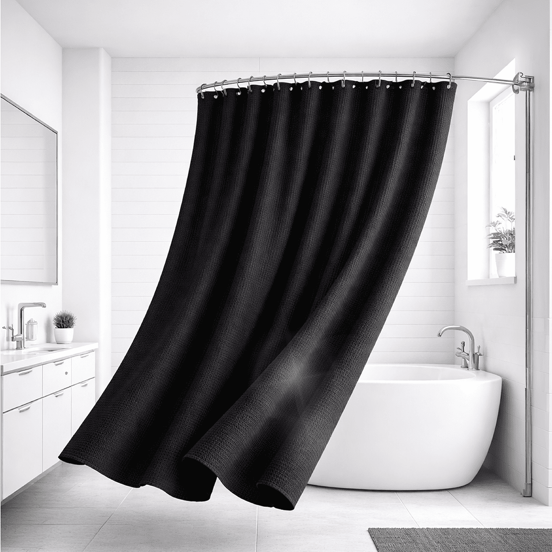 Cortina De Baño Impermeable Tela Ducha +12 Gancho Premium Aura Zeus Negro